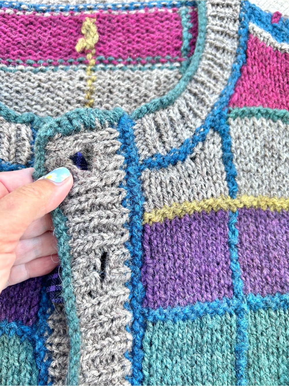 Artisan patchwork vibe boho wool knit sweater w cottagecore country prairie vibe - Picture 10 of 16